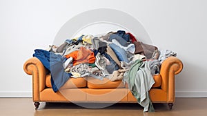 Old orange sofa full of clothes, blankets, scarfs, etc. Messy room. Heap of disorganized clothing on a couch. Generative AI