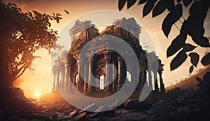 Old oriental temple ruins in jungle at sunset, ancient architecture, generative AI
