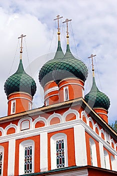 Old orthodox church. Blue sky with clouds.