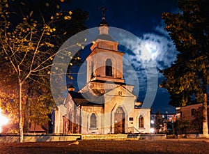 Old orthodox church in Poltava city, Ukraine at night