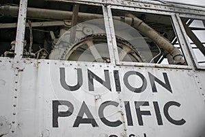Old out of commission metal Union Pacific rail car