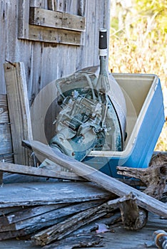 Old outboard motor and wood in Airboat Adventures Lafitte New Orleans