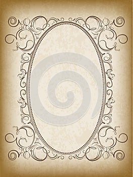 Old oval frame with the blacked out edges and a blank space for text. Retro vintage greeting card, invitation or template for
