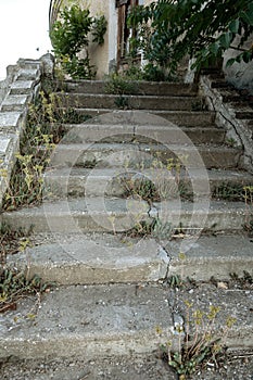 Old overgrown with destroyed stone balustrades old antique steps of a stone staircase. Ruined stairs. The dilapidated building,