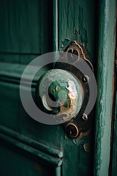 A old oxidized bronze door handle on a green wooden door. Generative AI image.