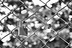 Old padlock with metal mesh fence with bokeh background in black and white photography, Sadness love concept