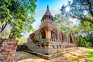 Old pagoda with teak trees in Pa Sak temple