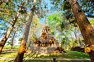 Old pagoda with teak trees in Pa Sak temple