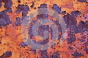 An old painted sheet of iron covered with rust. Abstract background.