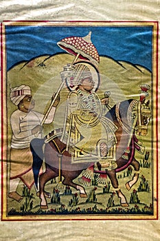 Old painting of Sahajanand swami on Manki Mare and Divoty holding umbrella Kukadia Idar Sabarkantha Gujarat