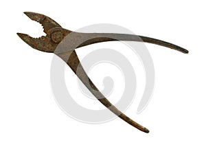 Old pair of used and rusty pliers on a white background