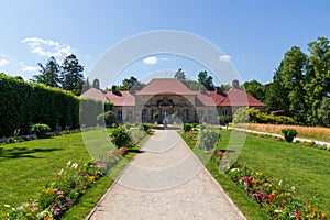 Old palace with fountain and garden in park at Hermitage (Eremitage) Museum in Bayreuth, Bavaria, Germany