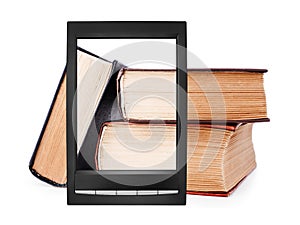 Old paper books stack on electronic book display white background isolated close up, textbook heap on e-book screen, digital libry