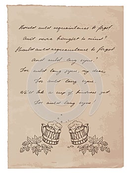 Old Paper with Hand-Written Text and Beer Mugs photo