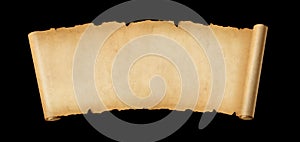 Old paper horizontal banner. Parchment scroll isolated on black