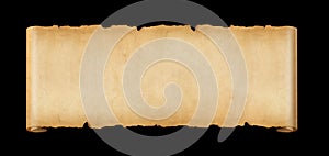 Old paper horizontal banner. Parchment scroll isolated on black