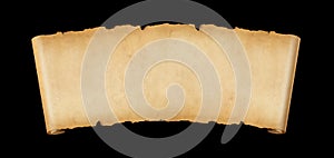 Old paper horizontal banner. Parchment scroll isolated on black