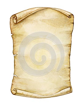 Old paper manuscript or papyrus scroll, isolated on white background. Watercolor illustration