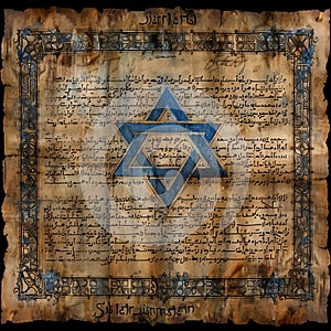 Old paper page from ancient torah book with blue Star of David. Judaism religious symbol