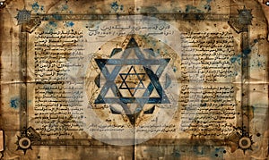 Old paper page from ancient torah book with blue Star of David. Judaism religious symbol