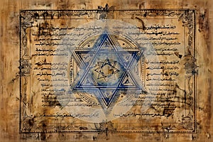 Old paper page from ancient torah book with blue Star of David. Judaism religious symbol