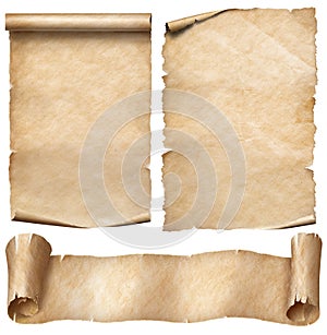 Old paper or parchment scrolls set isolated on white