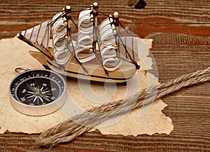 Old paper, rope and model classic boat