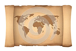 Old Paper Scroll Parchment with World Map. 3d Rendering