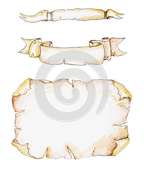 Old Paper scroll set. Watercolor hand drawn illustration isolated on white background.