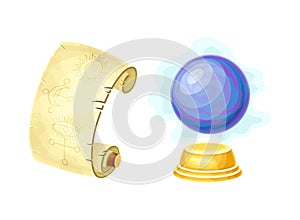 Old Paper Scroll with Spell Symbol and Crystal Ball as Magical Object and Witchcraft Item Vector Set