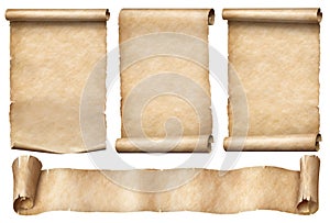 Old paper scrolls with ribbon banner set isolated