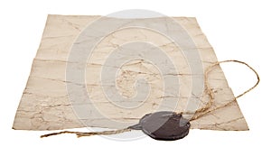 old paper with sealing wax isolated on white