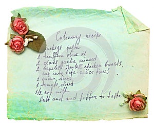 Old paper sheet with cooking recipe.