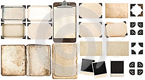 Old paper sheets, vintage photo frames and corners, open book photo