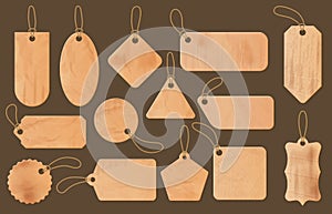 Old paper tags. Cardboard label, scrapbooking elements and vintage price tag with eyelet grommet vector set