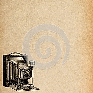 Old paper texture background. Vintage photo camera