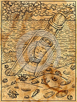 Old paper textured illustration of glass bottle with letter inside on the sea shore.  Nautical vintage drawings, marine concept,
