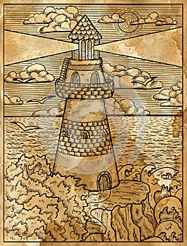 Old paper textured illustration of lighthouse tower on the cliff rock with trees and waves. Nautical vintage drawings, marine