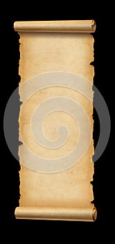 Old paper vertical banner. Parchment scroll isolated on black