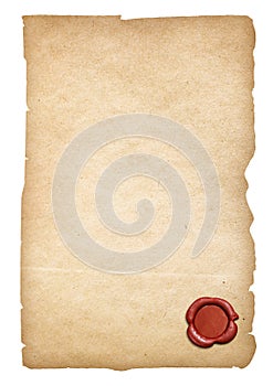 Old paper with wax seal isolated. Clipping path is included.