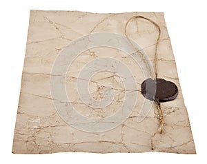 Old paper with a wax seal isolated on white background