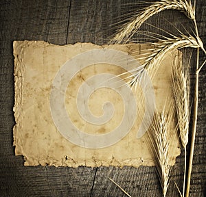 Old paper on wood background with wheat and rye ears