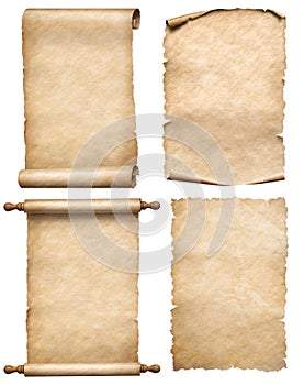 Old papers or parchment scrolls set isolated