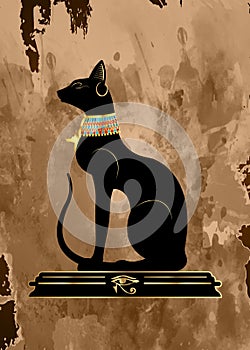 Old papyrus with Black Egyptian cat. Bastet, ancient Egypt goddess, statue profile with Pharaonic gold jewelry, vector isolated photo