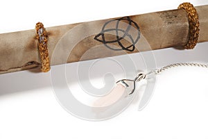 Old parchment with crystal pendulum