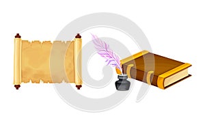 Old parchment paper scroll, opened book, quill pen and inkwell set vector illustration