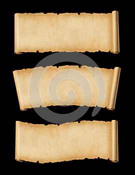 Old Parchment paper scroll set isolated on black. Horizontal banners