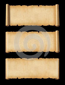 Old Parchment paper scroll set isolated on black. Horizontal banners