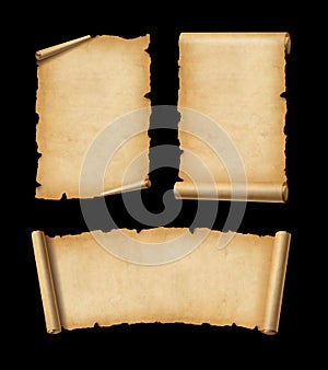 Old Parchment paper scroll set isolated on black. Horizontal and vertical banners