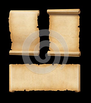 Old Parchment paper scroll set isolated on black. Horizontal and vertical banners